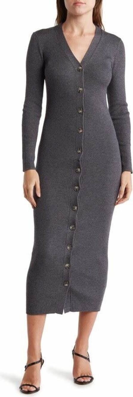 Torn by Ronny Kobo Vianne Gray Button Front Wool Knit Cardigan Sweater Dress M